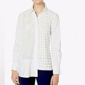 Elliott Lauren Asymmetrical White Eyelet Cotton Button Down Shirt Blouse Top 8